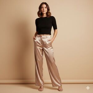 Meshki Sz M Champagne Satin Wide Leg Classic Pants